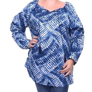 Tommy Hilfiger Womens XS Tunic Top Blue Tie Dye 100% Cotton Long Sleeve Tassel